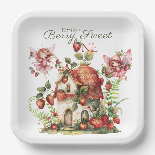 Strawberry Fairy Berry Sweet Girls First Birthday Paper Plates (Front)