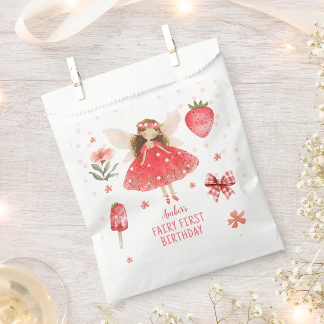 Strawberry Fairy First Birthday  Favor Bag (Clipped)