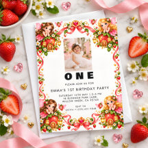 Strawberry Fairy First Birthday Photo Invitation