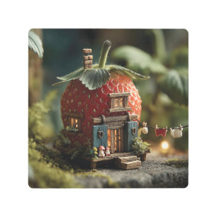 Strawberry Fairy House with Miniature Washing Line Metal Print