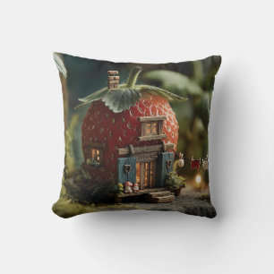 Strawberry Fairy House with Miniature Washing Line Throw Pillow