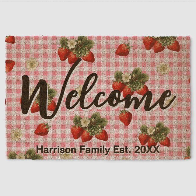 Strawberry Family Name Established Welcome Coir Fiber Doormat (Front)