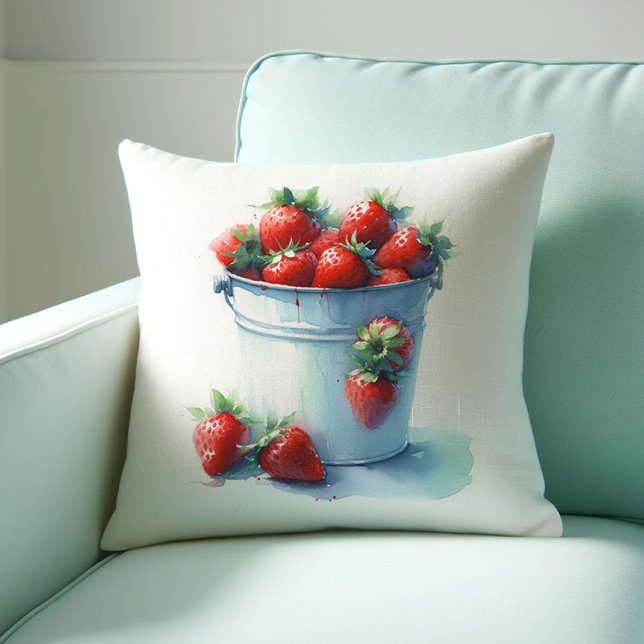 Strawberry Farmhouse Decorating Throw Pillow (Farmhouse style throw pillow features watercolor strawberries in a tin pint. )
