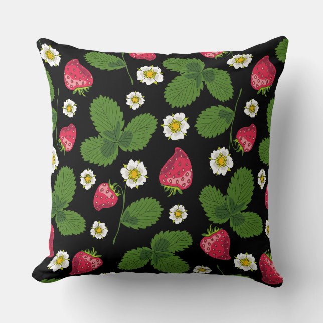 Strawberry Fields on Black Throw Pillow (Front)