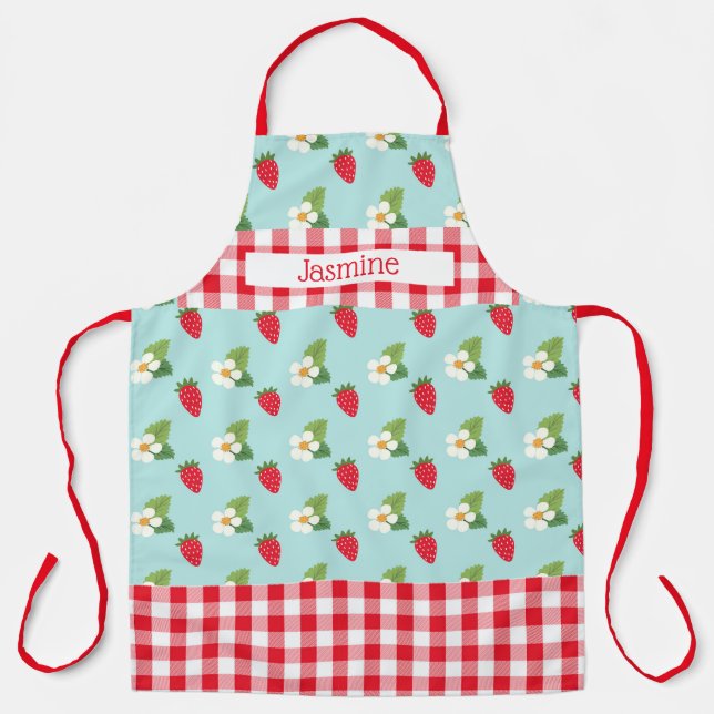 Strawberry Fields Red Gingham Check Personalized Apron (Front)