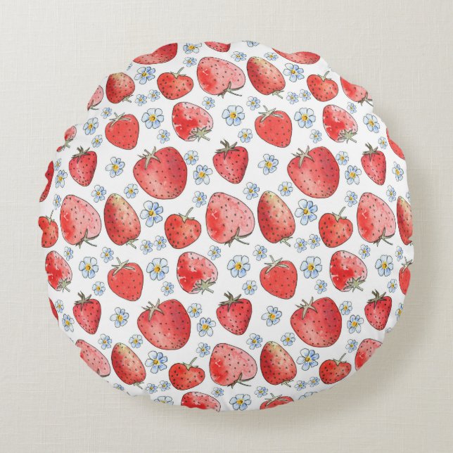 Strawberry Fields: Summer Freshness Round Pillow (Front)