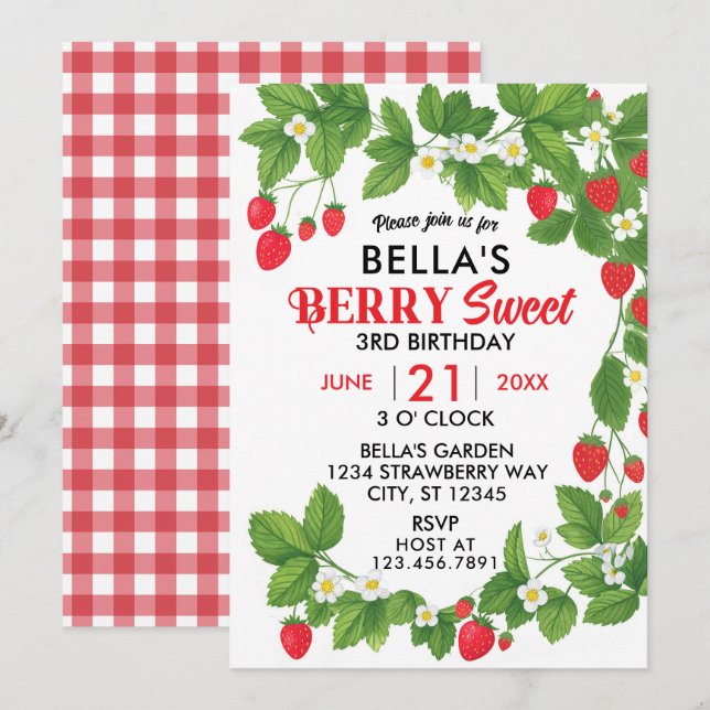 Strawberry Fields Sweet Berry Birthday (Red/White) Invitation (Front/Back)