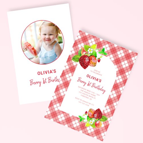  Strawberry First 1st Birthday Photo Invitation