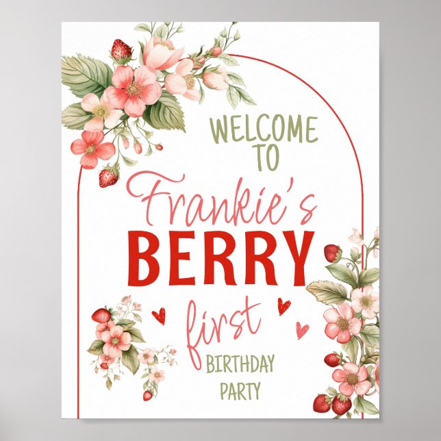 Strawberry First Berry Birthday Welcome Sign (Front)