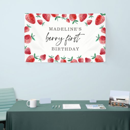 Strawberry First Birthday 1st Berry Sweet Backdrop Banner | Zazzle