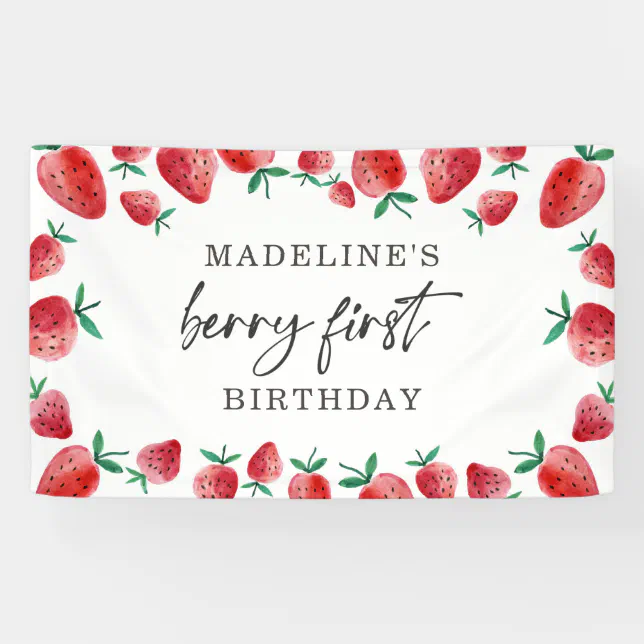 Strawberry First Birthday 1st Berry Sweet Backdrop Banner | Zazzle