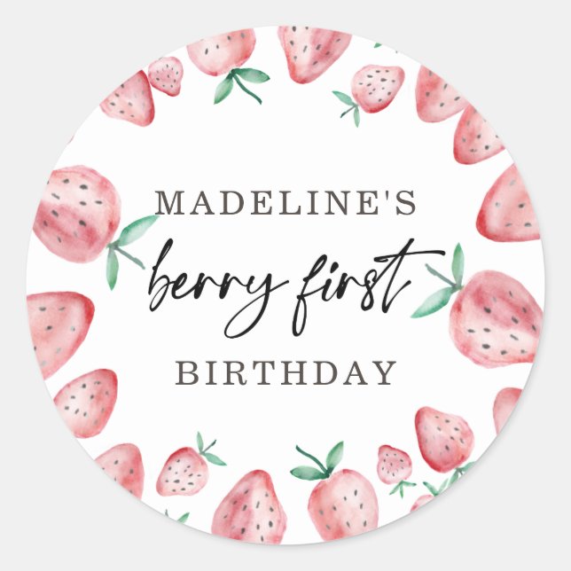 Strawberry First Birthday 1st Berry Sweet Favor Cl Classic Round Sticker (Front)