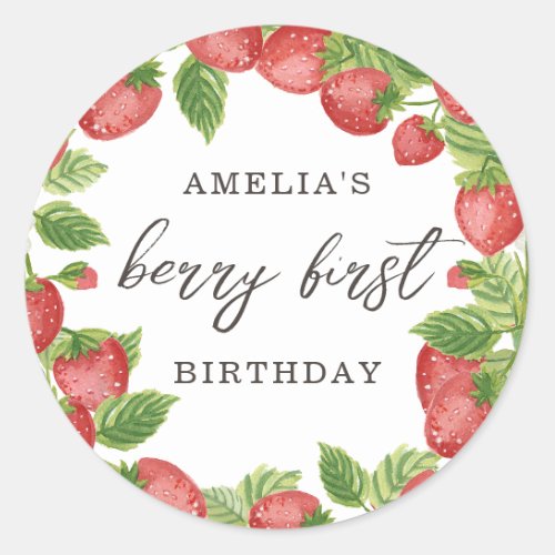 Strawberry First Birthday 1st Berry Sweet Favor  Classic Round Sticker