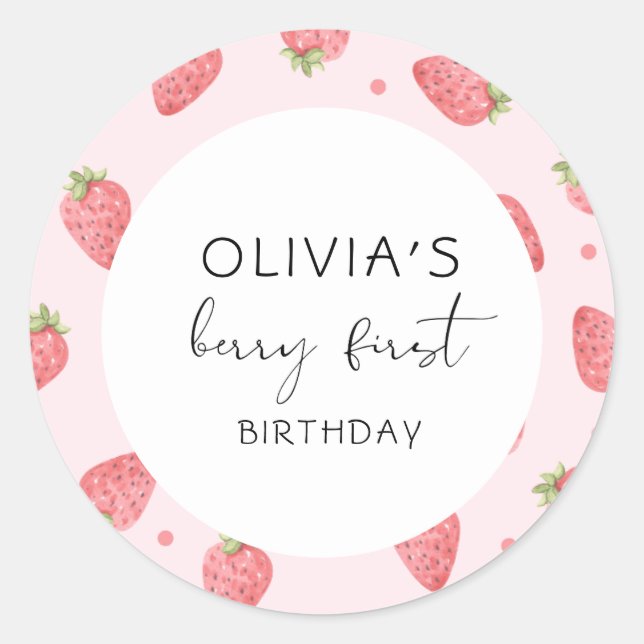 Strawberry First Birthday 1st Berry Sweet Favor  Classic Round Sticker (Front)