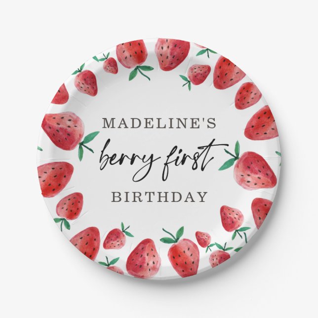 Strawberry First Birthday 1st Berry Sweet Girl Pap Paper Plates (Front)