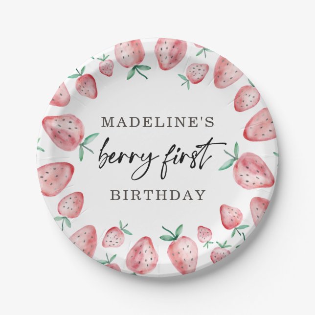 Strawberry First Birthday 1st Berry Sweet Girl Paper Plates (Front)