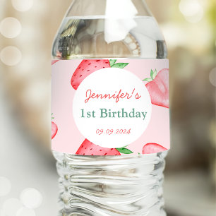 Strawberry First Birthday 1st Water Bottle Label
