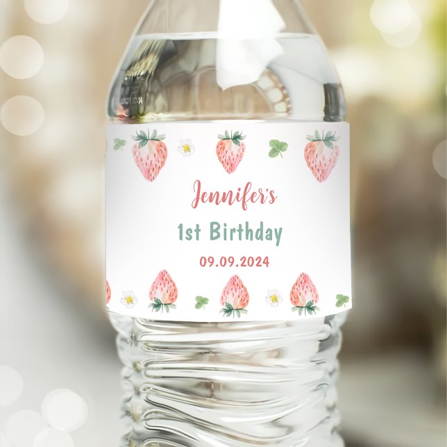 Strawberry First Birthday 1st Water Bottle Label (Creator Uploaded)