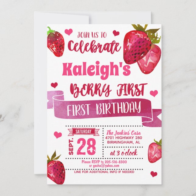 Strawberry First Birthday (All Pink) Invitation (Front)
