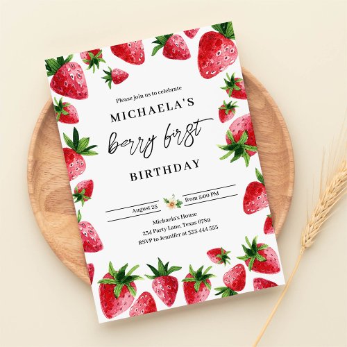 Strawberry First Birthday Berry Sweet Invitation