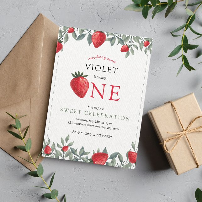 Strawberry First Birthday | Berry Sweet Watercolor Invitation (Creator Uploaded)