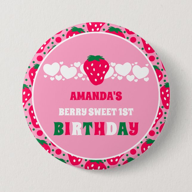 Strawberry First Birthday Celebration Button (Front)