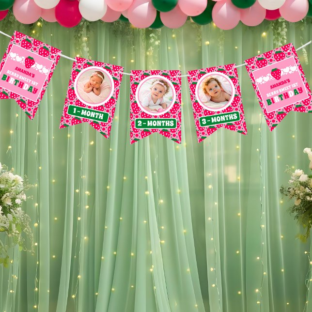 Strawberry First Birthday Celebration Photo Bunting Flags (Creator Uploaded)