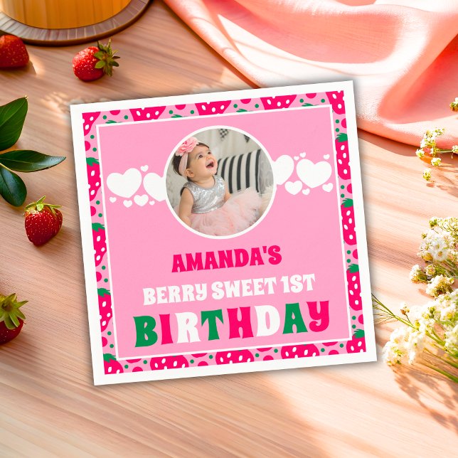 Strawberry First Birthday Celebration Photo Napkins (Creator Uploaded)