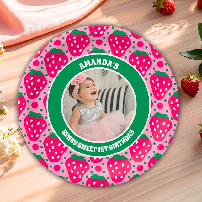 Strawberry First Birthday Celebration Photo Paper Plates (Creator Uploaded)