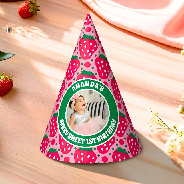 Strawberry First Birthday Celebration Photo Party Hat (Creator Uploaded)