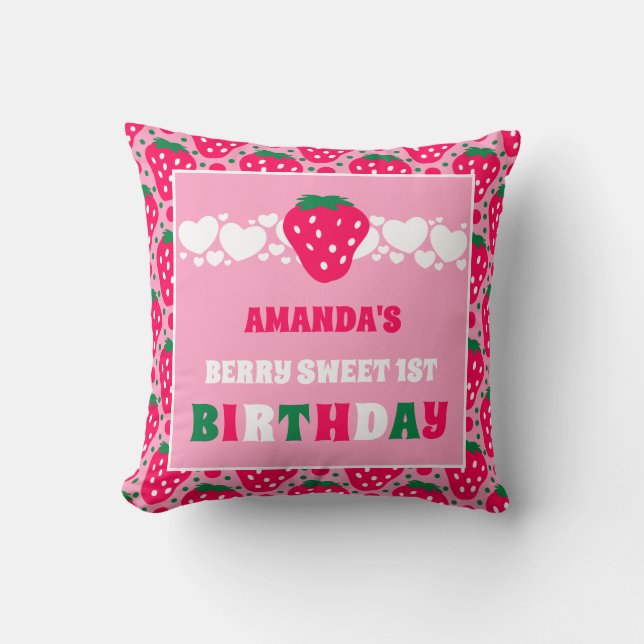 Strawberry First Birthday Celebration Throw Pillow (Front)