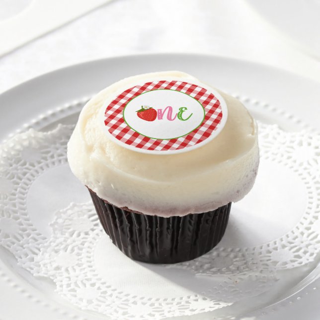 Strawberry First Birthday Edible Frosting Round (Cupcake)