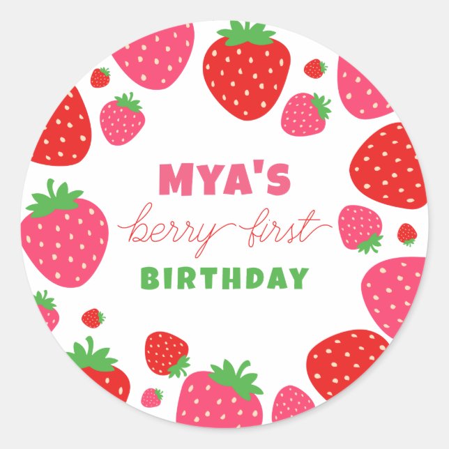 Strawberry First Birthday Favor Stickers (Front)