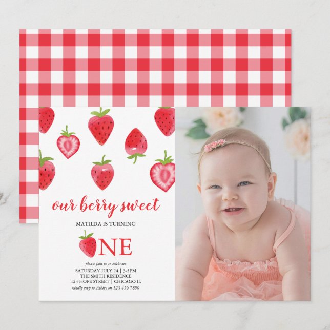 Strawberry First Birthday Girl Photo Invitation (Front/Back)