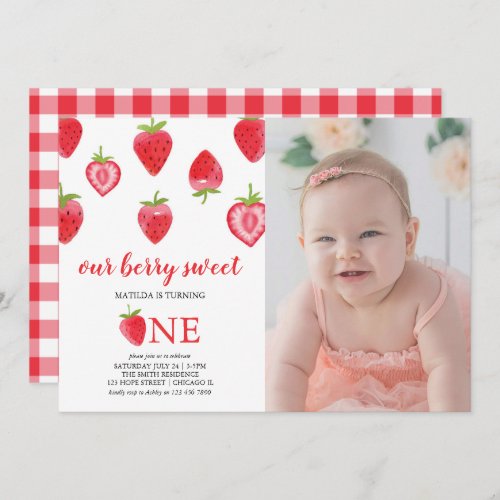 Strawberry First Birthday Girl Photo Invitation