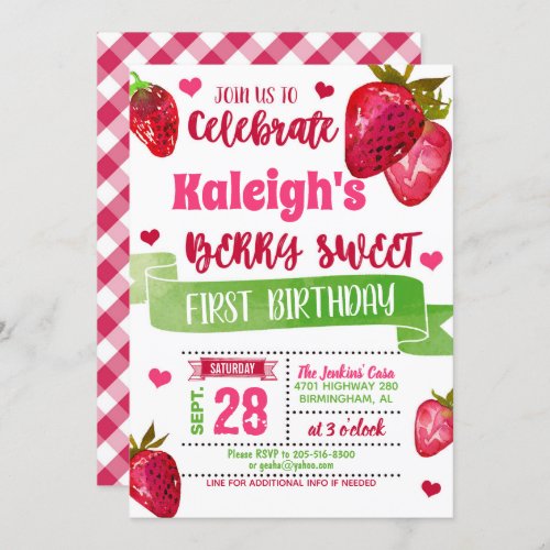 Strawberry First Birthday Invitation