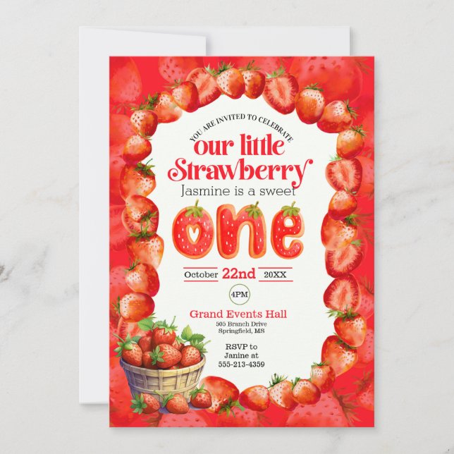Strawberry first birthday invitation (Front)