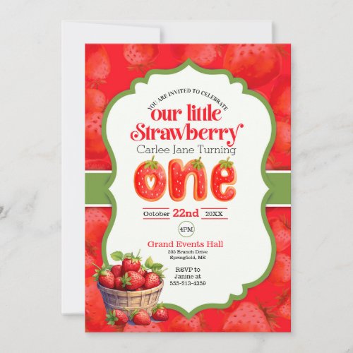 Strawberry first birthday invitation
