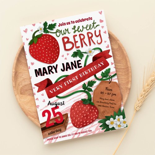 strawberry first birthday invitation