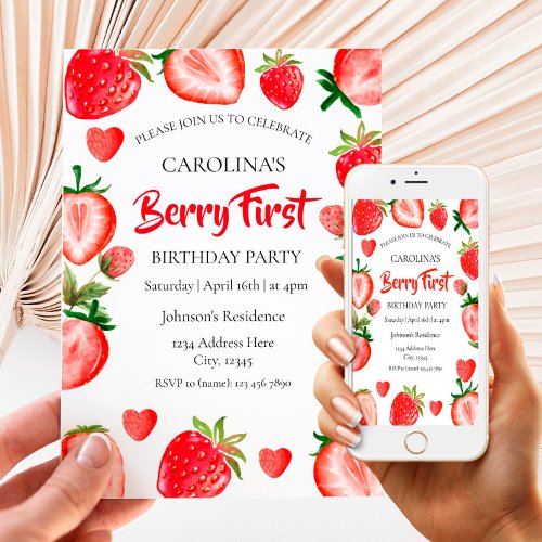 Strawberry First Birthday  Invitation