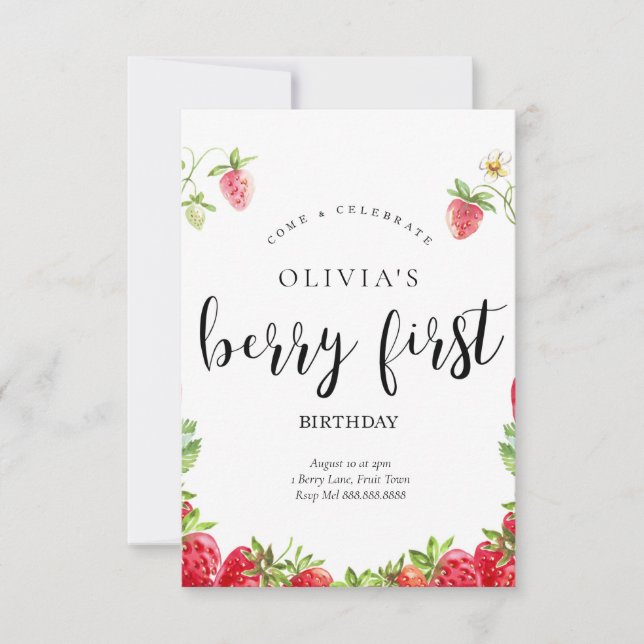 Strawberry First Birthday Invitation  (Front)