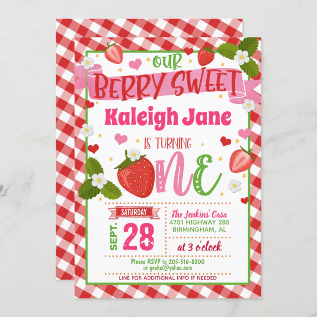 Strawberry First Birthday Invitation - Berry Sweet