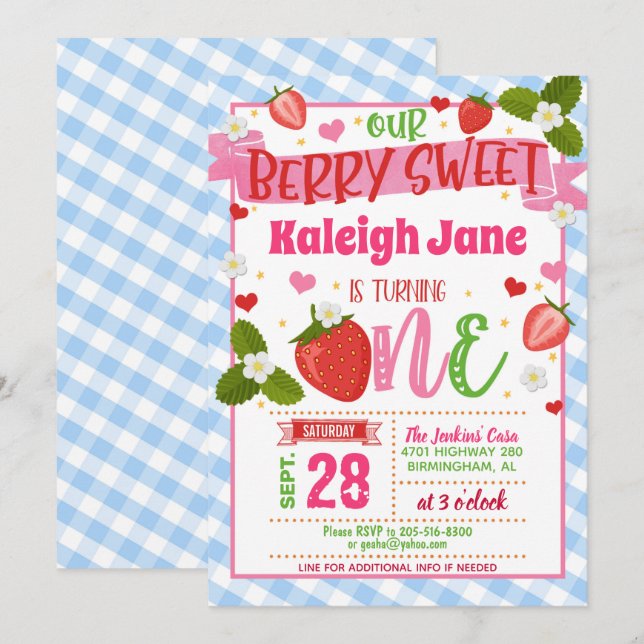 Strawberry First Birthday Invitation - Blue Plaid (Front/Back)