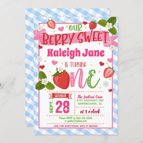 Strawberry First Birthday Invitation _ Blue Plaid