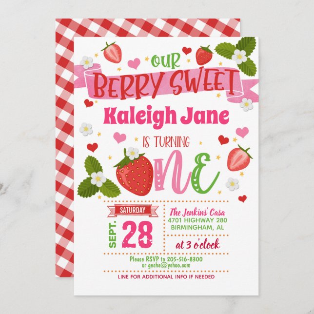Strawberry First Birthday Invitation - ONE (Front/Back)