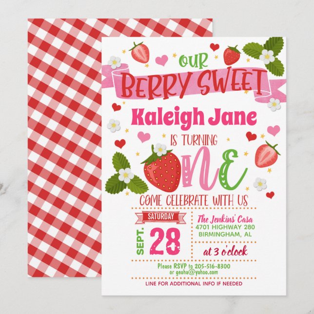 Strawberry First Birthday Invitation - ONE - CWU (Front/Back)