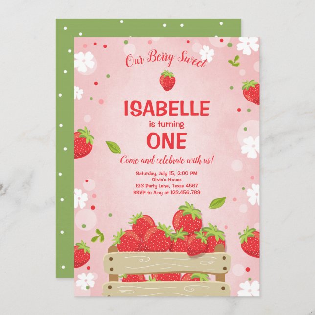 Strawberry First Birthday Invitation Summer Fruit (Front/Back)