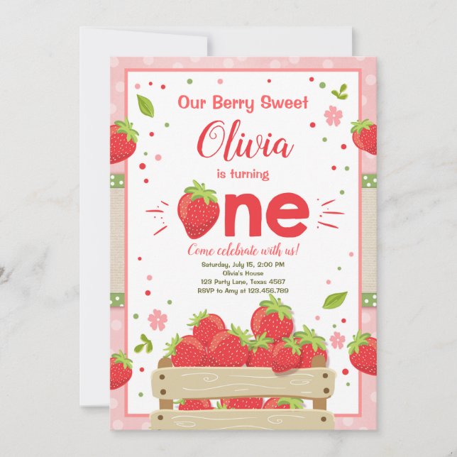 Strawberry First Birthday Invitation Summer Fruit (Front)