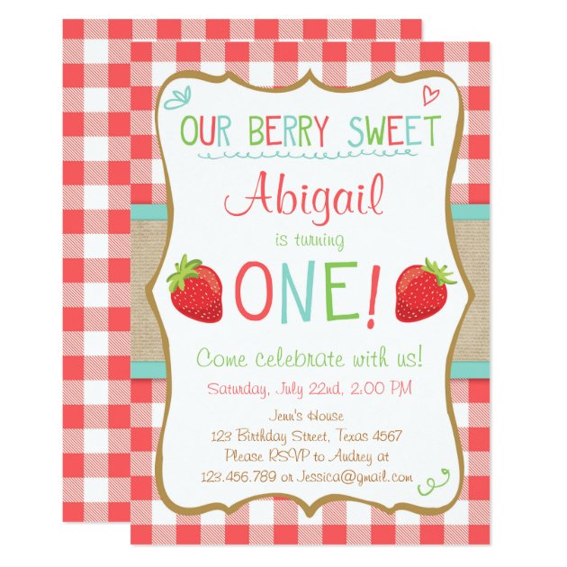 Strawberry First Birthday Invitation Summer Party
