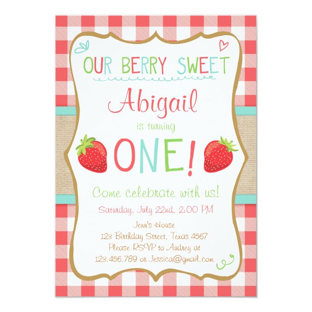 Strawberry First Birthday Invitation Summer Party